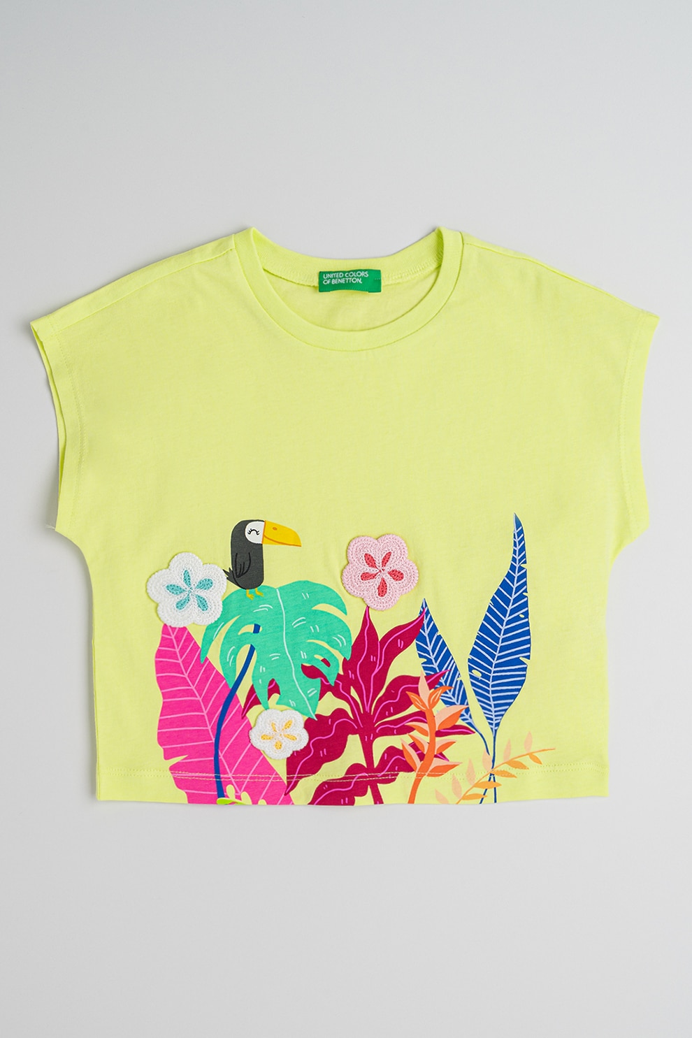United Colors of Benetton, Tricou de bumbac cu detalii crosetate, Roz, Albastru, Verde fistic, 90 CM