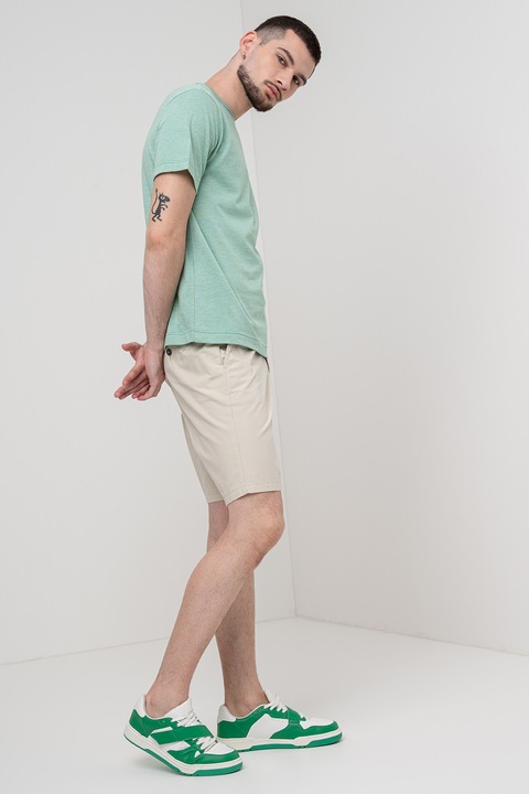 United Colors of Benetton, Tricou de bumbac cu decolteu la baza gatului si logo discret, Verde aquamarin