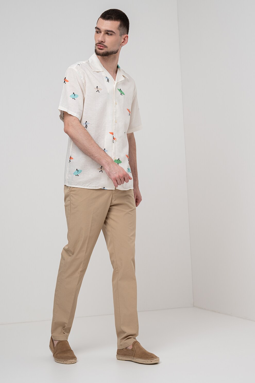 United Colors of Benetton, Camasa de in si bumbac cu imprimeu, Rosu, Verde, Alb murdar, XL