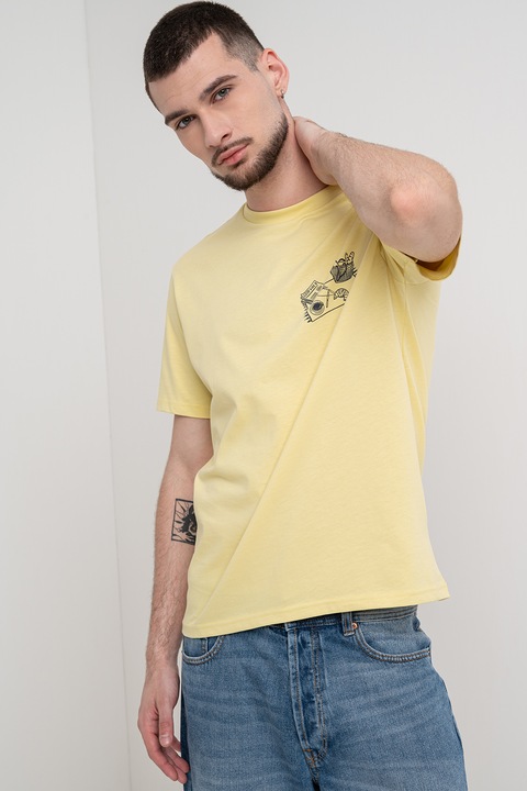 United Colors of Benetton, Tricou cu decolteu la baza gatului si imprimeu, Galben pai