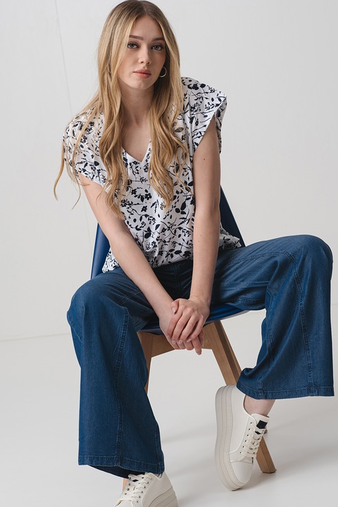 United Colors of Benetton, Tricou cu model floral si decolteu in V, Alb/Negru