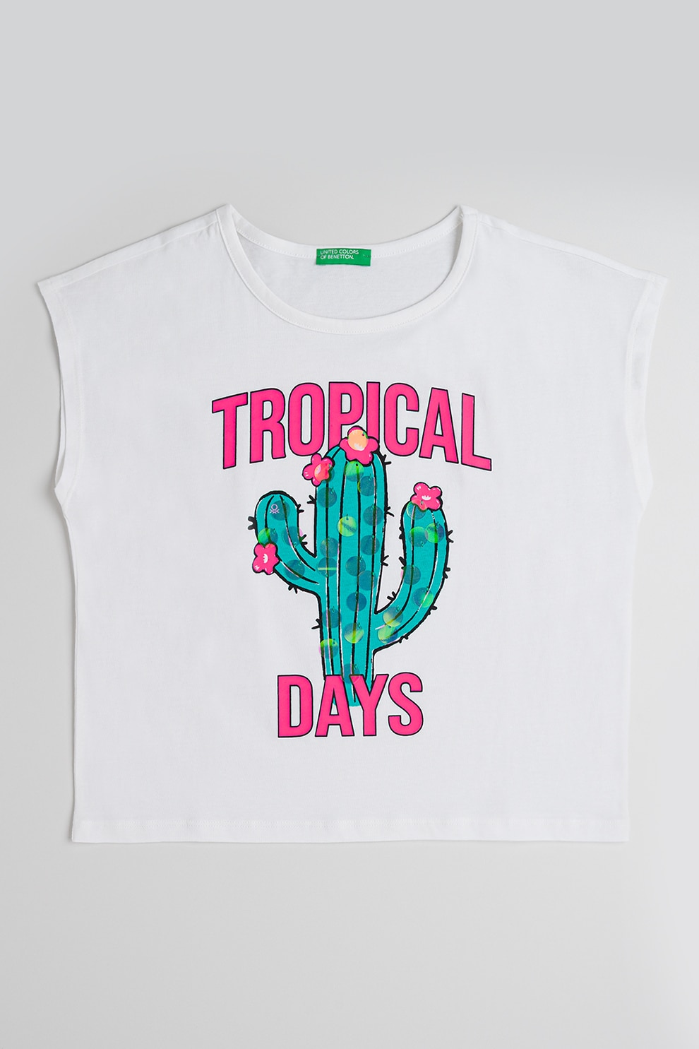 United Colors of Benetton, Top de bumbac cu paiete, Alb, Roz neon, Verde persan, 140 CM