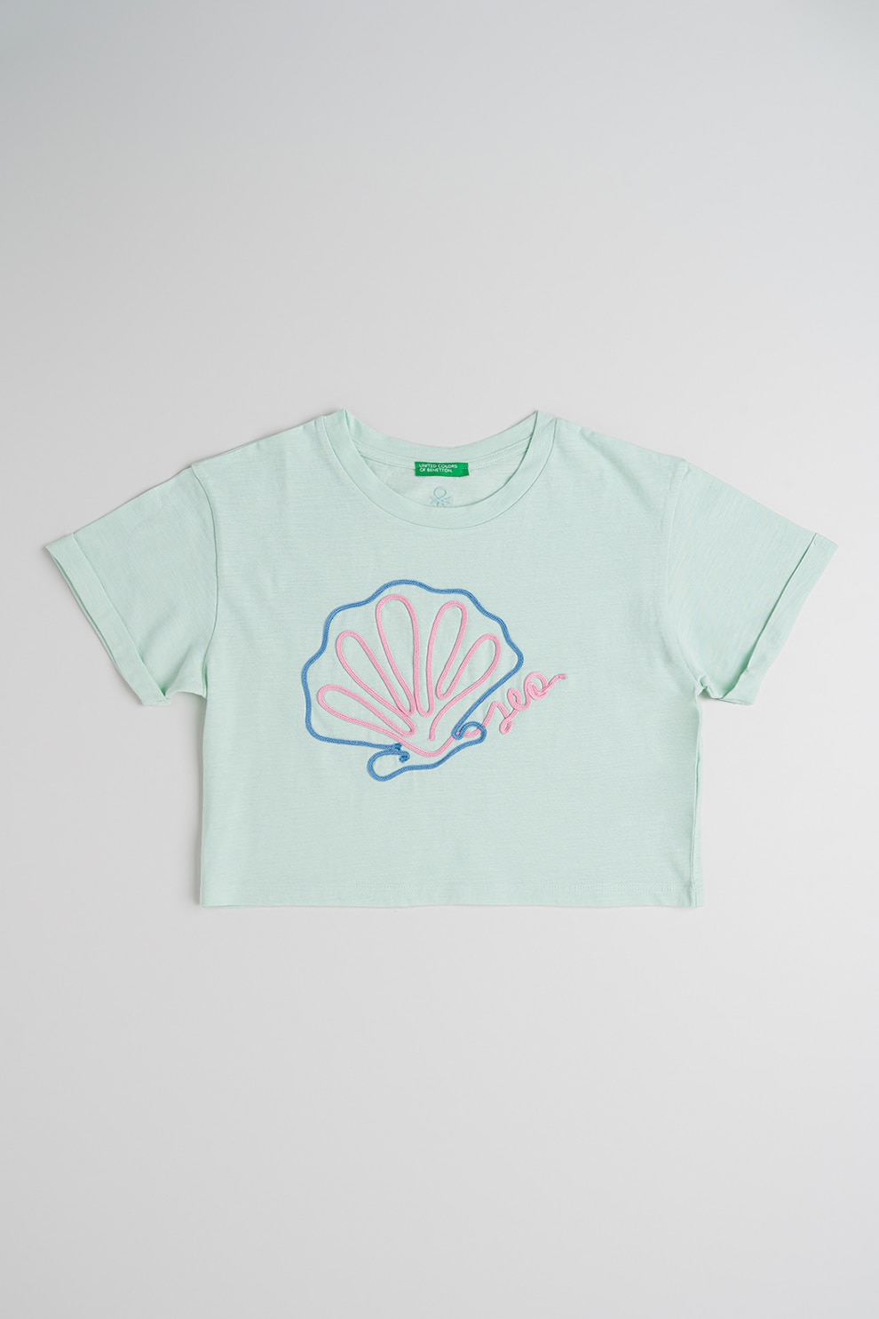 United Colors of Benetton, Tricou din bumbac cu broderie, Roz, Albastru, Verde menta, 160 CM