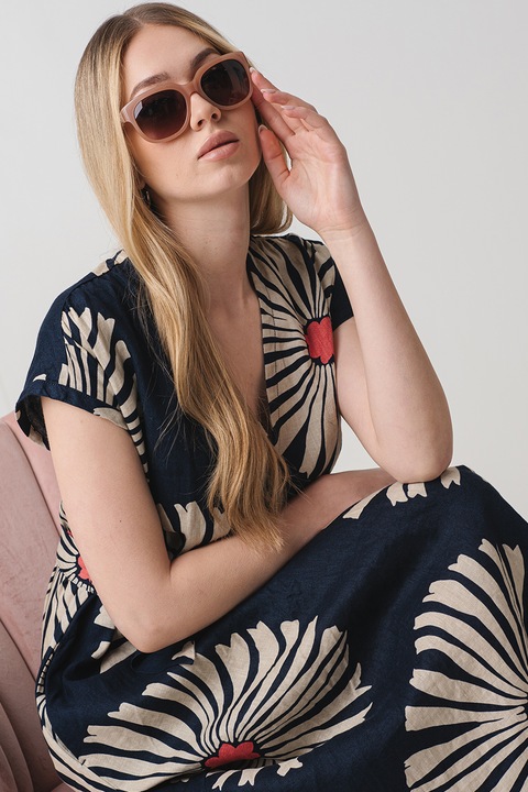 United Colors of Benetton, Virágmintás midiruha, Korallszín/Sötétkék/Bézs, XL