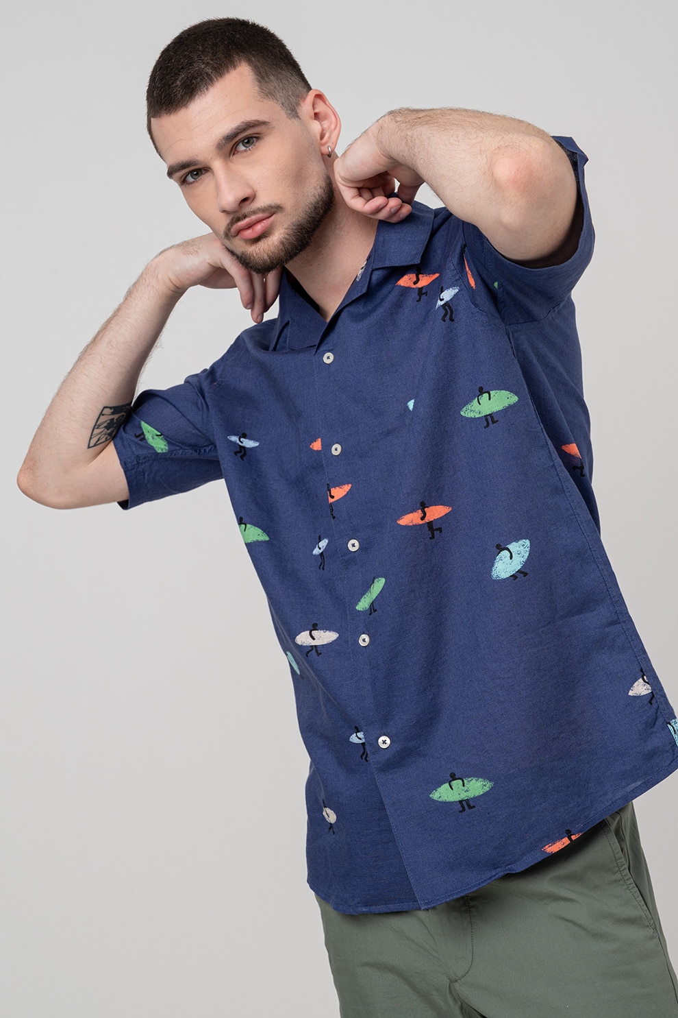 United Colors of Benetton, Camasa de in si bumbac cu imprimeu, Bleumarin, S