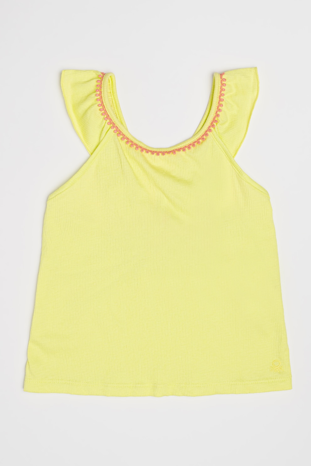 United Colors of Benetton, Top cu volane cu broderie, Roz somon, Verde fistic, 130 CM