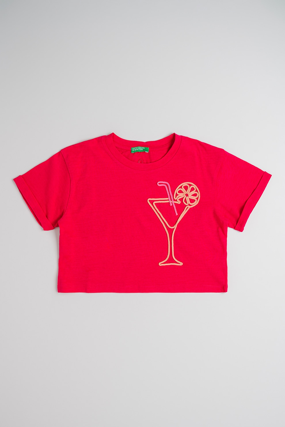 United Colors of Benetton, Tricou din bumbac cu broderie, Portocaliu, Roz zmeuriu, 160 CM