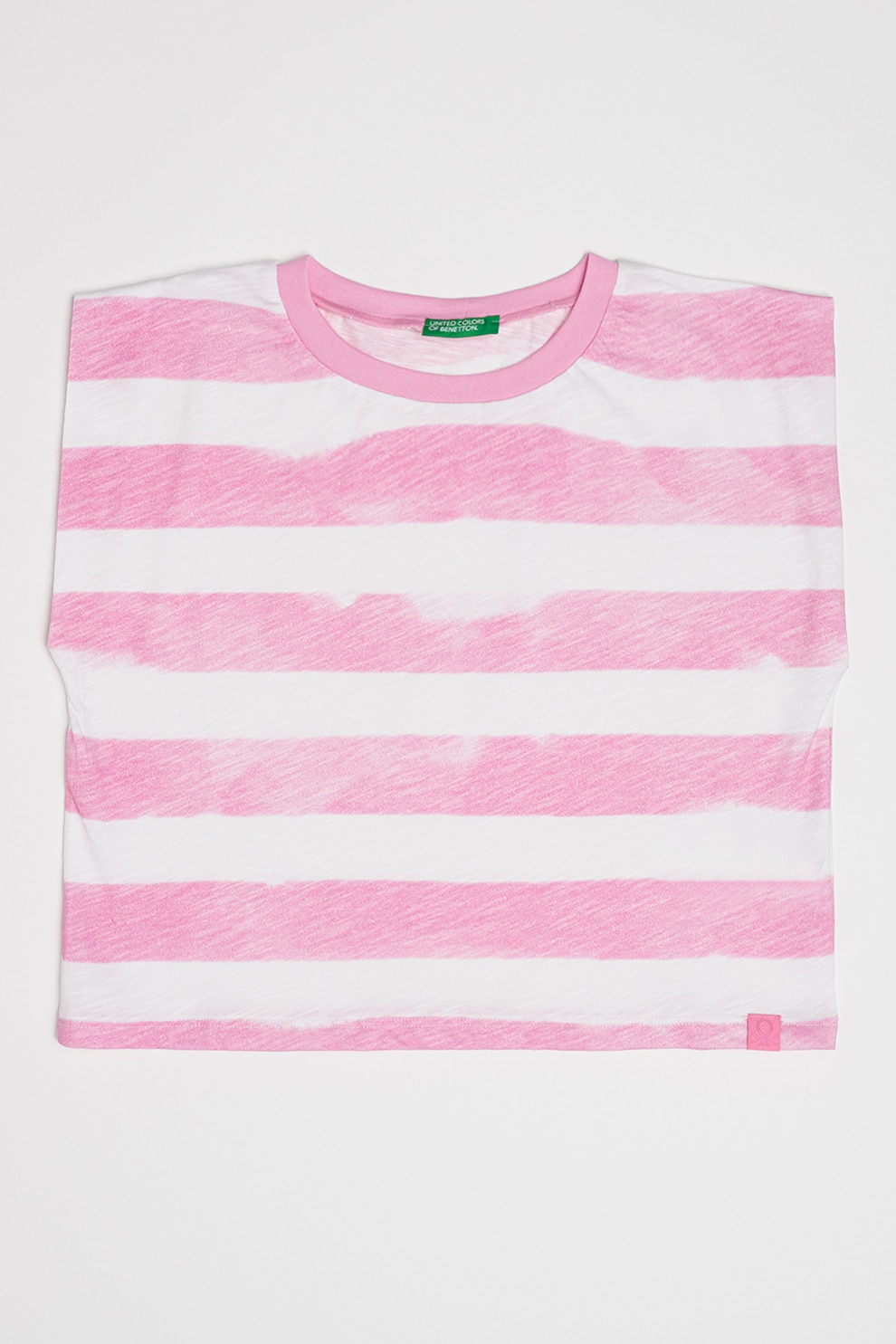 United Colors of Benetton, Tricou din bumbac cu model in dungi, Alb, Roz, 140 CM