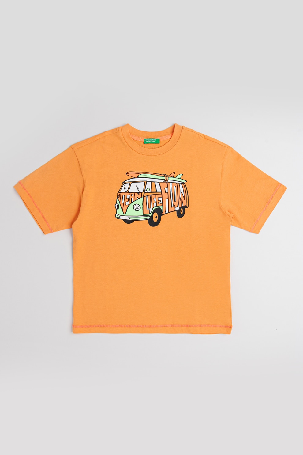 United Colors of Benetton, Tricou de bumbac cu decolteu la baza gatului, Alb, Verde, Portocaliu, 140 CM