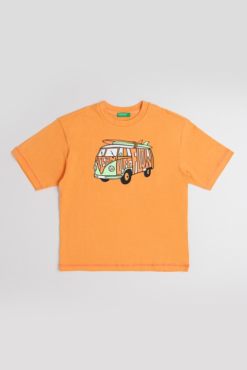 United Colors of Benetton, Kerek nyakú pamutpóló, Fehér/Zöld/Narancssárga