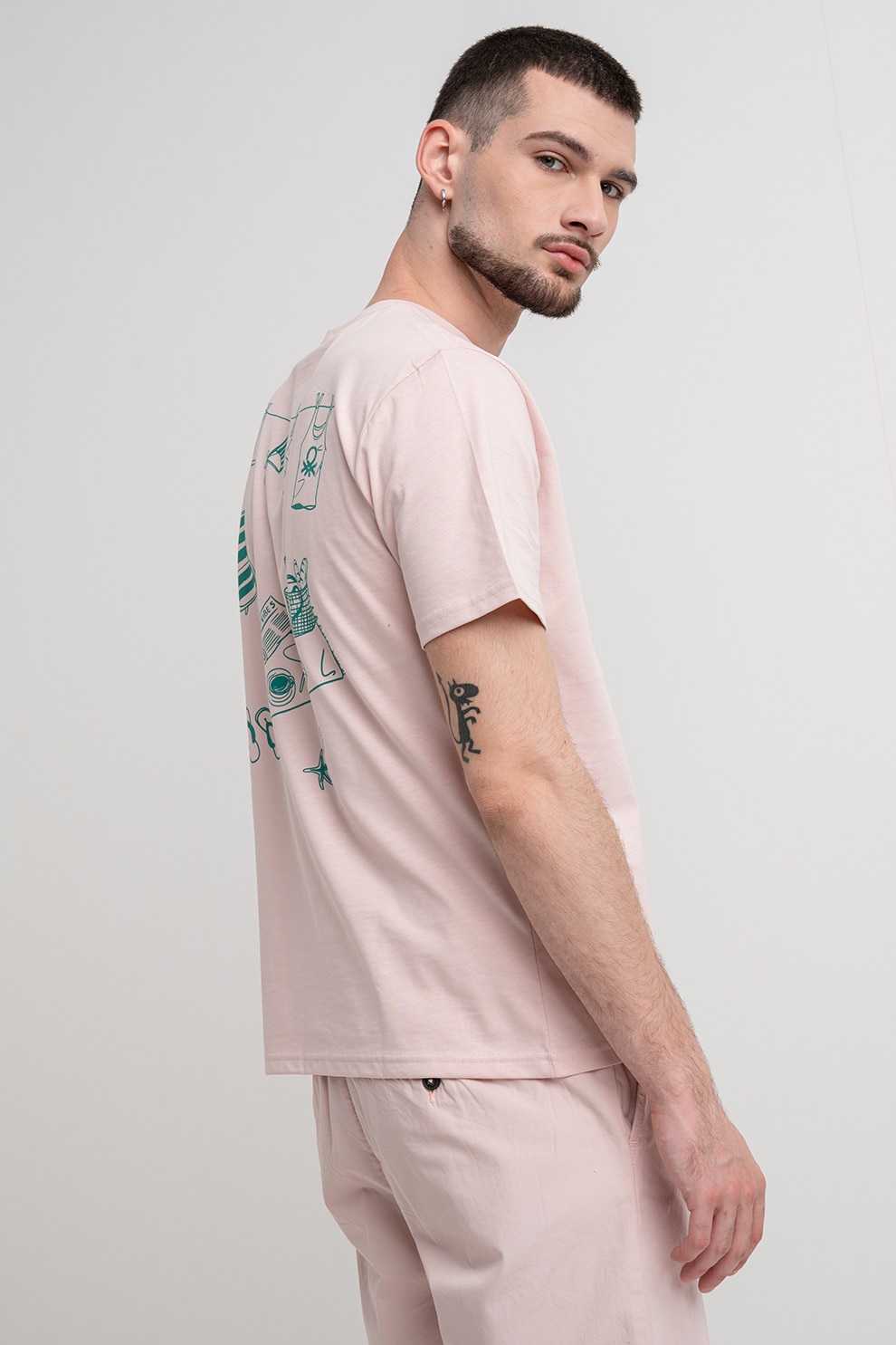 United Colors of Benetton, Tricou cu decolteu la baza gatului si imprimeu, Verde, Roz pastel, L