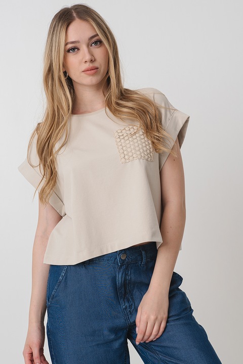 United Colors of Benetton, Tricou uni cu buzunar brodat aplicat, Bej