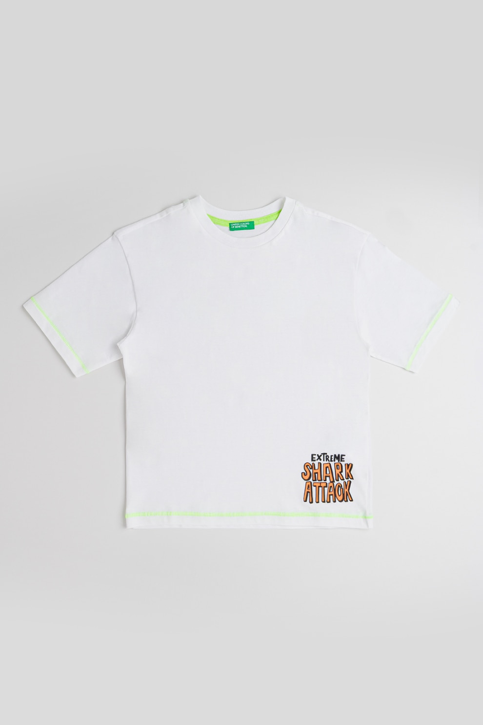 United Colors of Benetton, Tricou de bumbac cu decolteu la baza gatului, Alb, Verde, Portocaliu neon, 140 CM