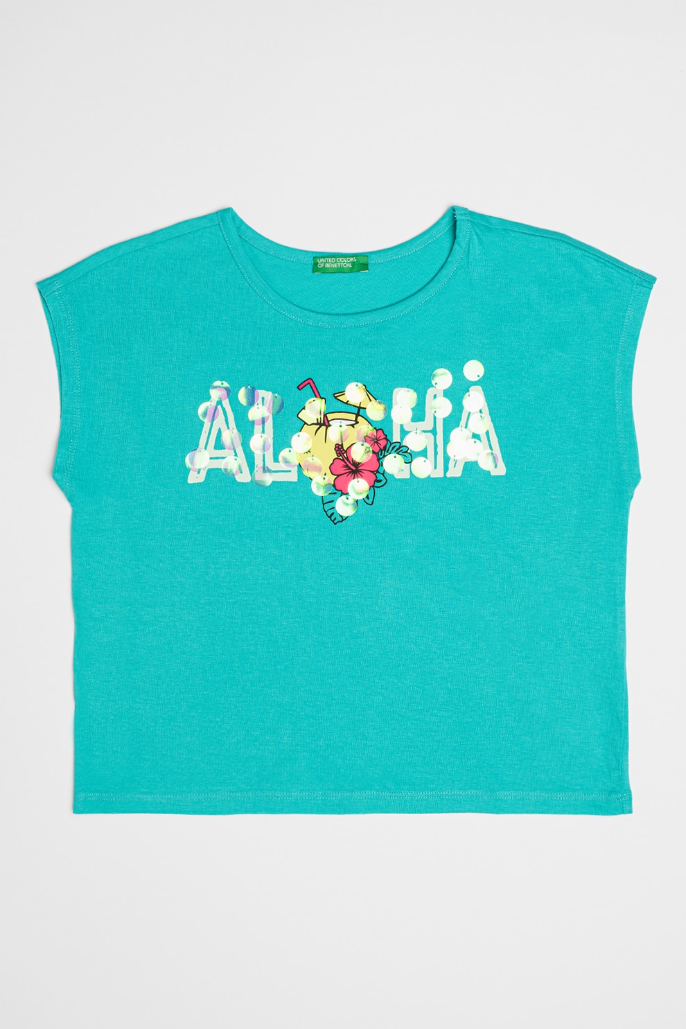 United Colors of Benetton, Top de bumbac cu paiete, Verde, Negru, Roz neon, 140 CM