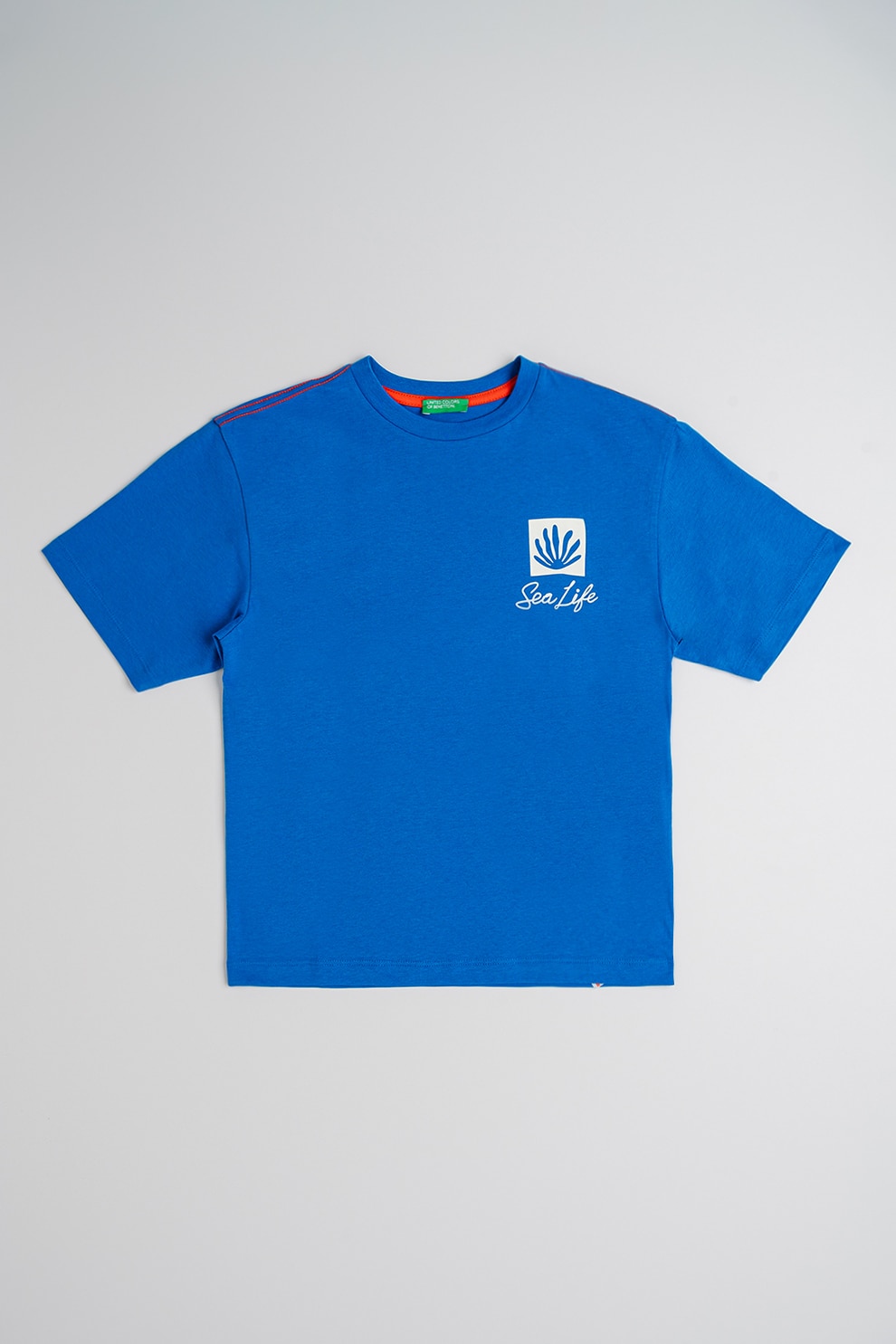 United Colors of Benetton, Tricou de bumbac cu imprimeu, Alb, Albastru royal, 120 CM