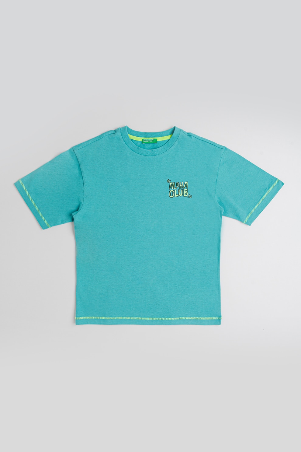 United Colors of Benetton, Tricou de bumbac cu decolteu la baza gatului, Verde neon, Verde persan, 130 CM