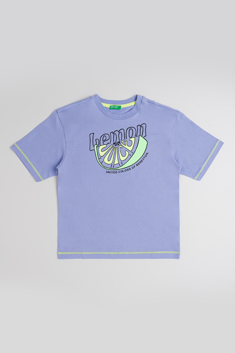 United Colors of Benetton, Tricou de bumbac cu decolteu la baza gatului, Verde neon, Albastru azur, 140 CM