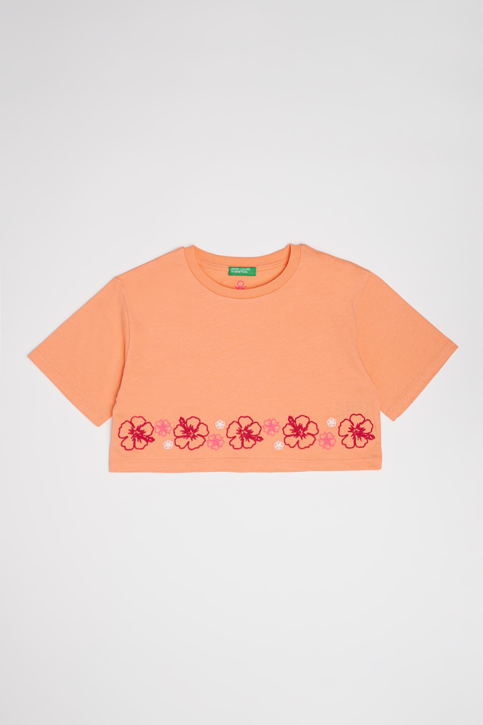 United Colors of Benetton, Tricou crop din bumbac, Portocaliu, Roz zmeuriu, 130 CM