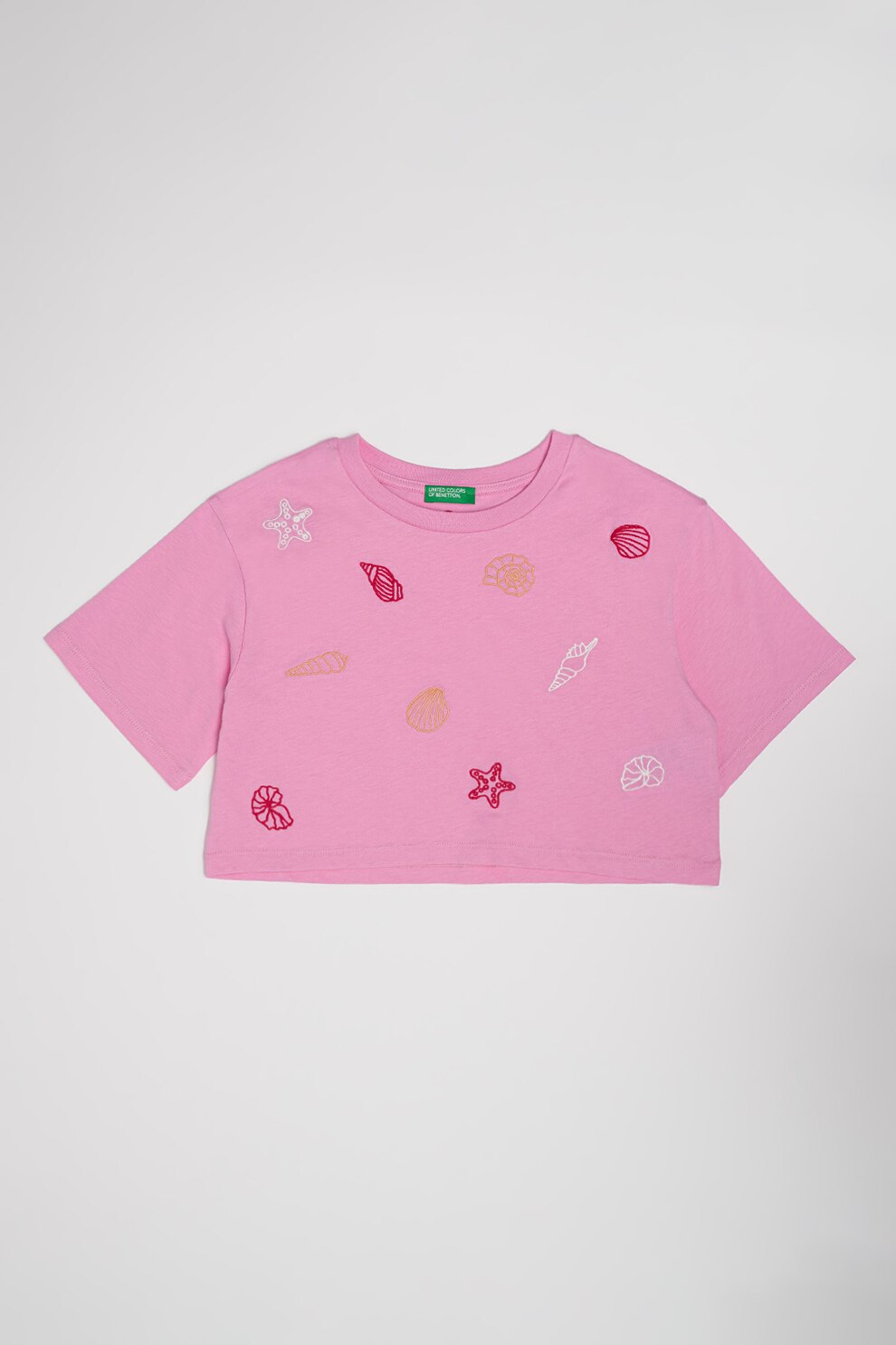 United Colors of Benetton, Tricou crop din bumbac, Rosu, Bej, Roz, 130 CM