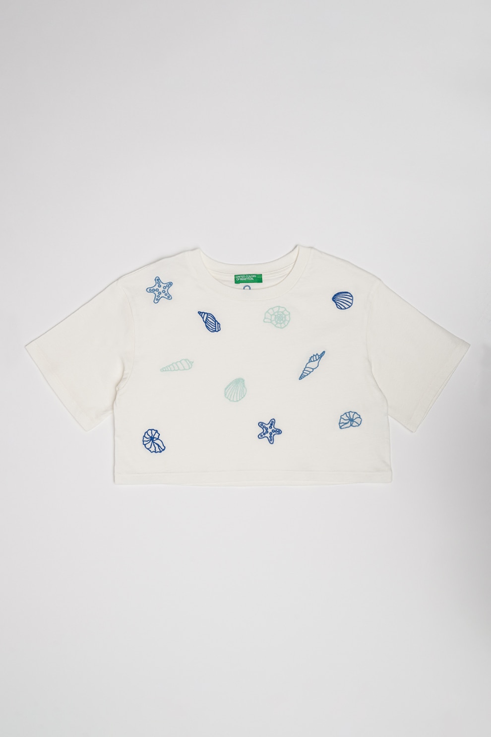 United Colors of Benetton, Tricou crop din bumbac, Alb, Albastru, 140 CM