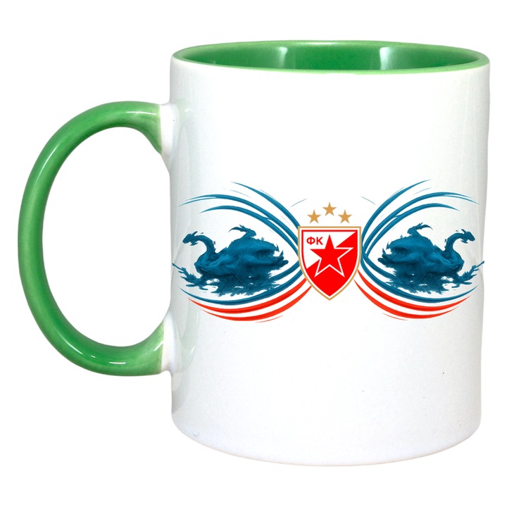 Cana Red Star Belgrade Serbia, Ceramica, Cri-Flo, 330 ml, Maner si Interior Verde