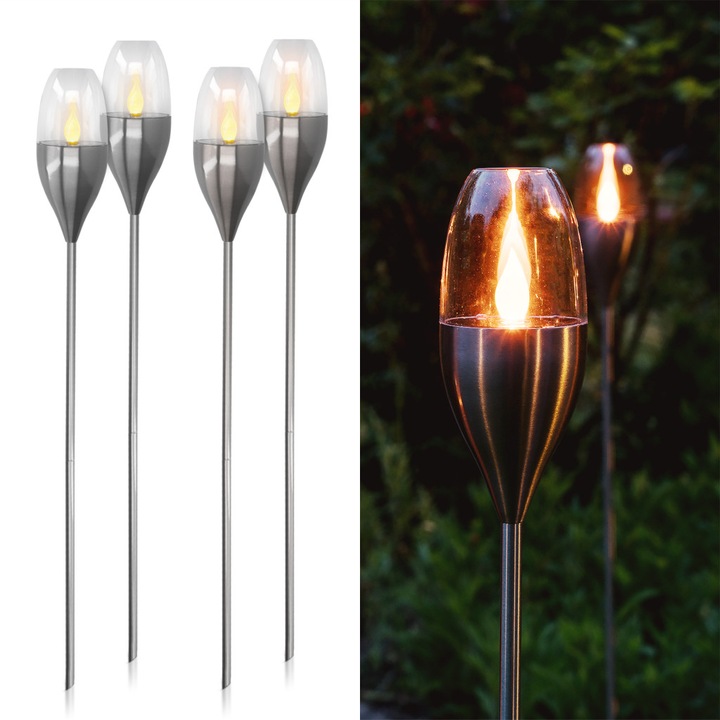 Комплект от 4 соларни лампи Navaris LED, 112 см, дизайн от неръждаема стомана, IP44, сензор за кола, 47538.67.04