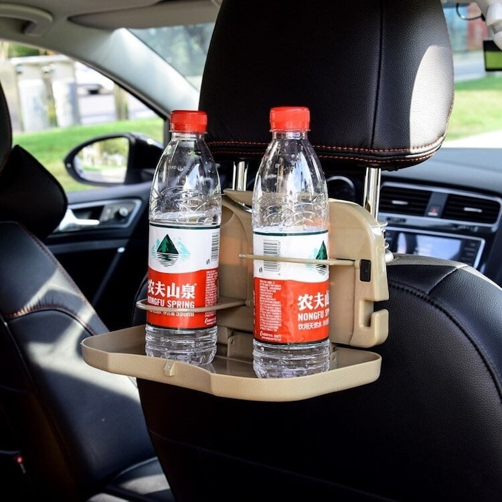 Suport Auto pentru Pahare, Montare pe Tetiera, Pliabil, Plastic, 25x16x1.8cm, Bej