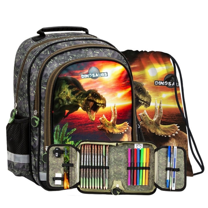 Set școală DINOZAUR, Derform, ghiozdan ergonomic, penar echipat, sac impermeabil, multicolor