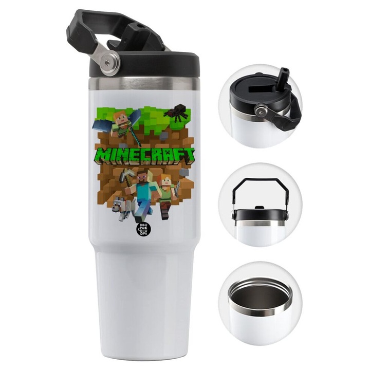Pahar din inox cu maner, 850 ml, model Minecraft, izolare vid, 24x7cm