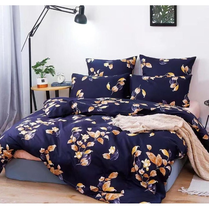 Set Lenjerie de Pat Compus din 4 Piese, Cearceaf cu Elastic, Material bumbac finet, Pentru pat dublu, Model Albastru cu Flori Galbene