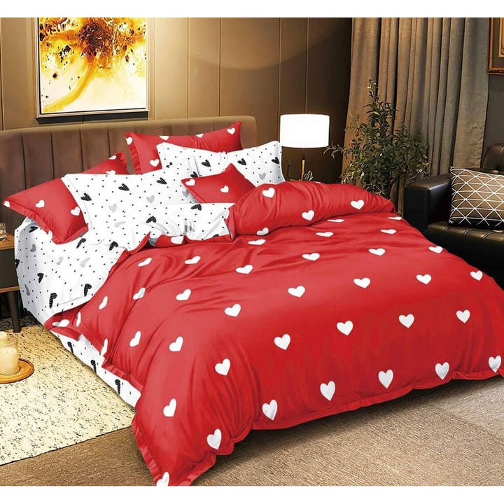 Set Lenjerie de Pat, 4 Piese, Cearceaf cu Elastic 180x200cm, Husa pilota 200x230cm, 2 Fete de perna 55x80cm, Material bumbac finet, Pentru pat dublu, Model Rosu cu Inimi - ANGEL HOME TEXTILES