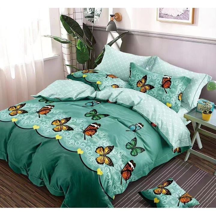 Set Lenjerie de Pat Compus din 4 Piese, Cearceaf cu Elastic, Material bumbac finet, Pentru pat dublu, Model Verde cu Fluturi