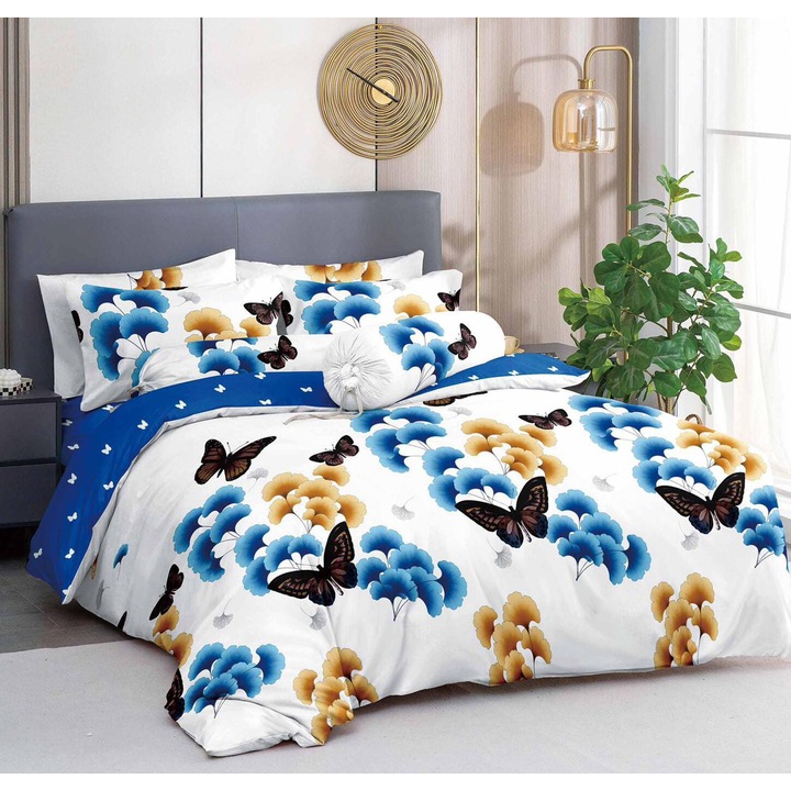 Set Lenjerie de Pat Compus din 4 Piese, Cearceaf cu Elastic, Material bumbac finet, Pentru pat dublu, Model Alb cu Fluturi