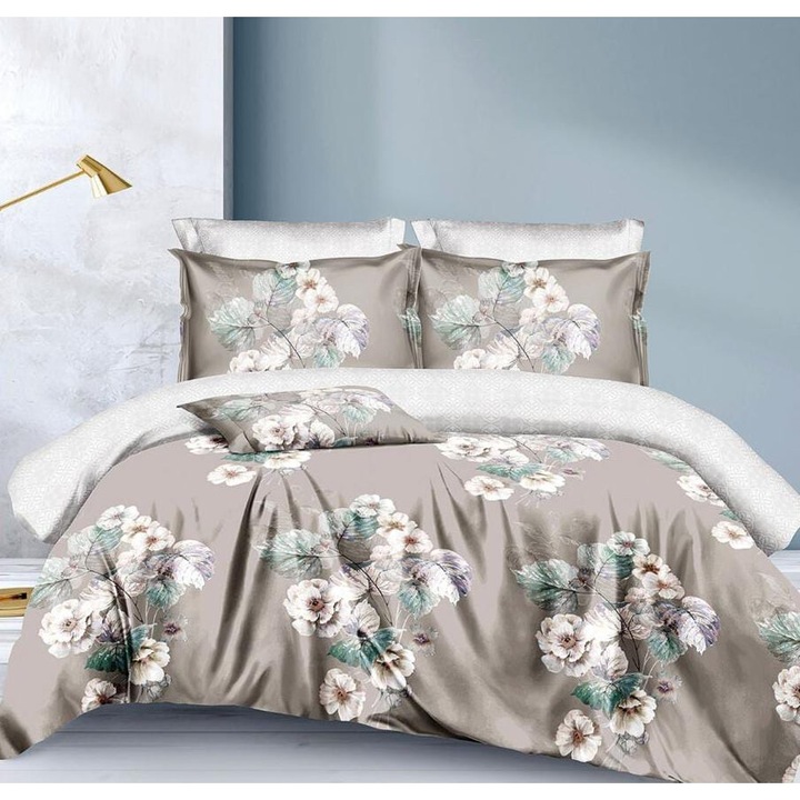 Set Lenjerie de Pat Compus din 4 Piese, Cearceaf cu Elastic, Material bumbac finet, Pentru pat dublu, Model cu Flori