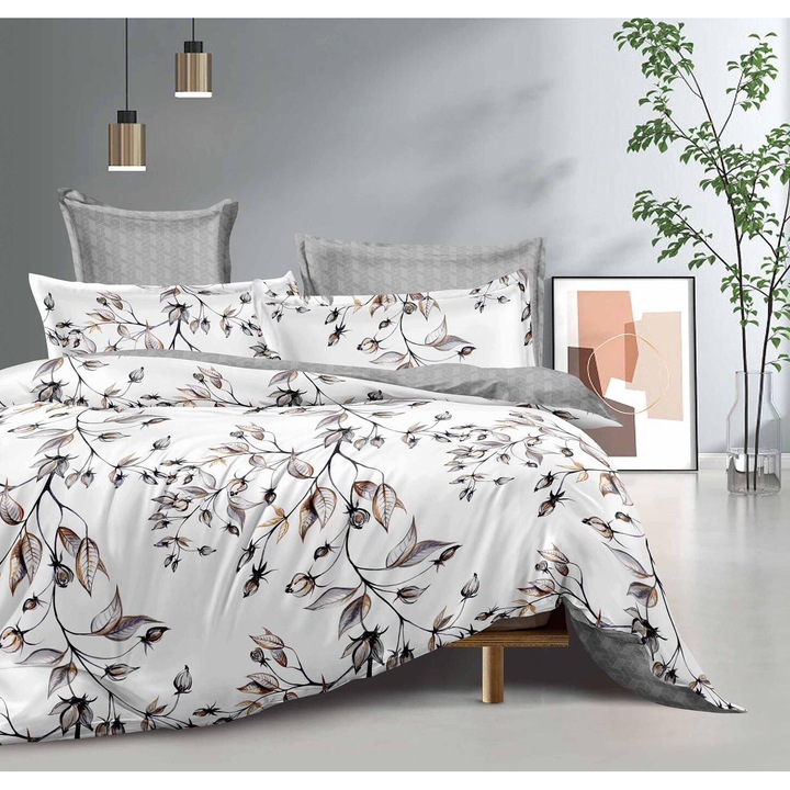 Set Lenjerie de Pat 4 Piese, Cearceaf cu Elastic, Bumbac, Alb Gri cu Flori, 140x200/160x200/180x200 cm