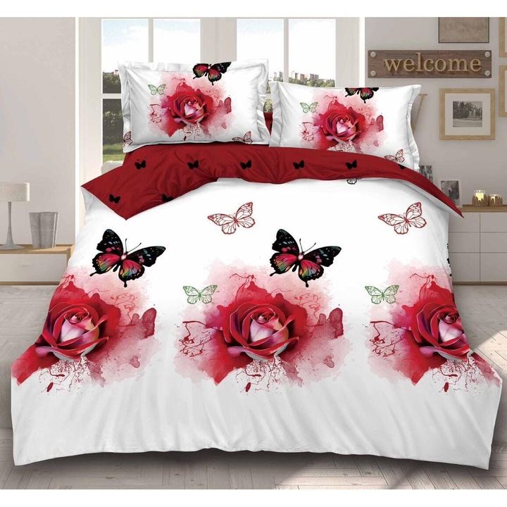 Set Lenjerie de Pat Compus din 4 Piese, Cearceaf cu Elastic, Material bumbac finet, Pentru pat dublu, Model Alb cu Flori si Fluturi