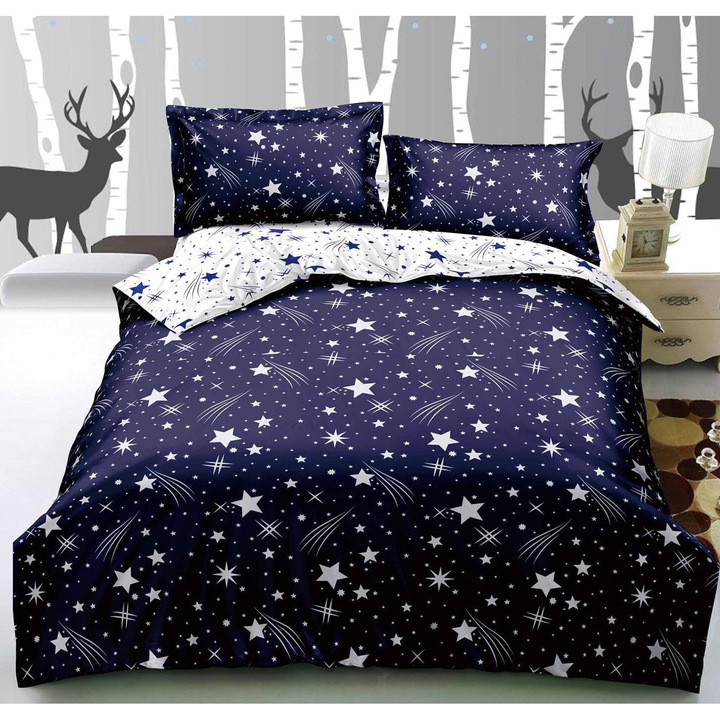 Set Lenjerie de Pat 4 Piese, Cearceaf cu Elastic, Bumbac Finet, Albastru cu Stelute, 180x200 cm