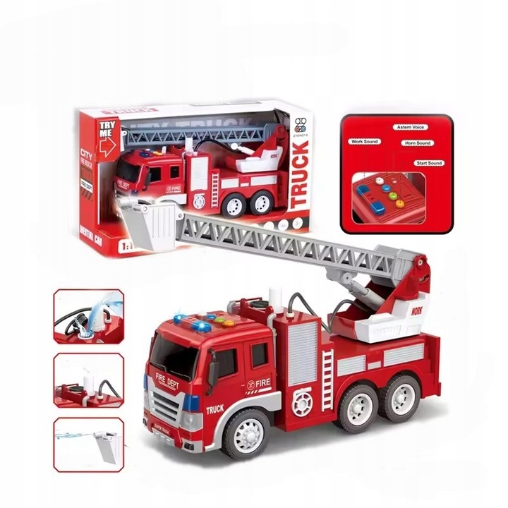 Tűzoltóautó létrával, LEAN Toys, 1:16, hang- és fényeffektusok, piros, komplett készlet