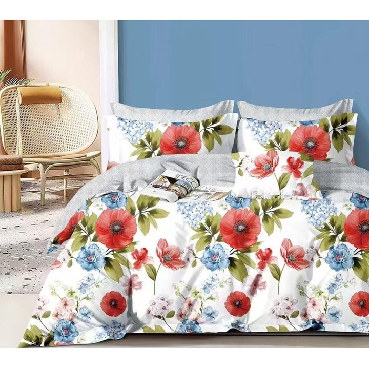 Set Lenjerie de Pat Compus din 4 Piese, Cearceaf cu Elastic, Material bumbac finet, Pentru pat dublu, Model Alb cu Flori Rosii