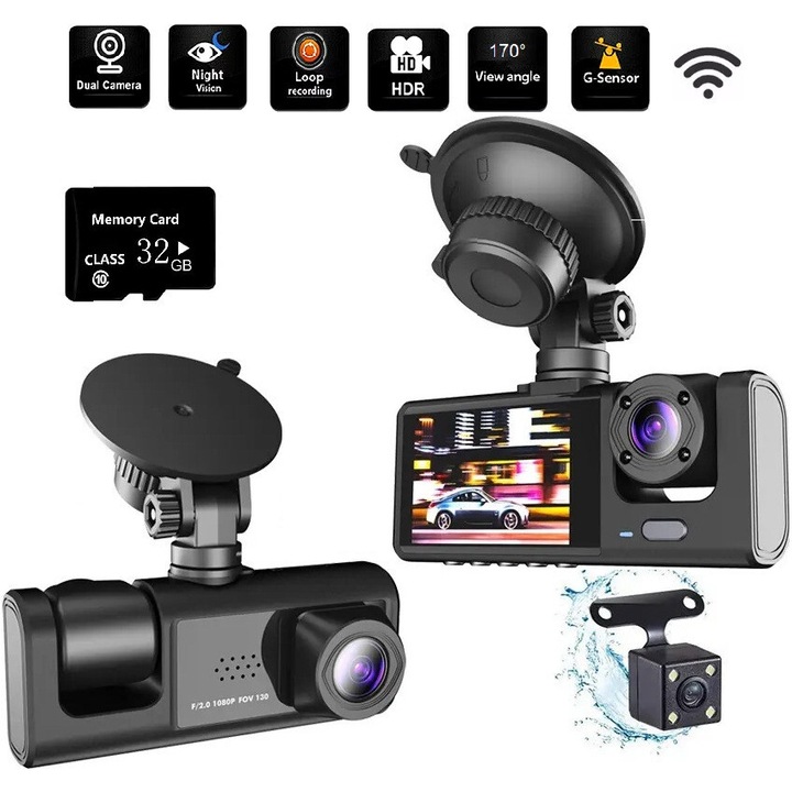 DRAGOBITTE PLUS 3-в-1 видеорегистратор със 170° ултраширок ъгъл, 1080P резолюция и 2.0" IPS екран, нощно виждане, G-сензор, детектор на движение
