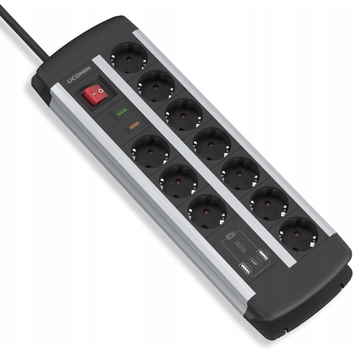 Prelungitor Luka 10 gniazd, 3 USB, 3680W, protectie suprasarcină, 1,5m