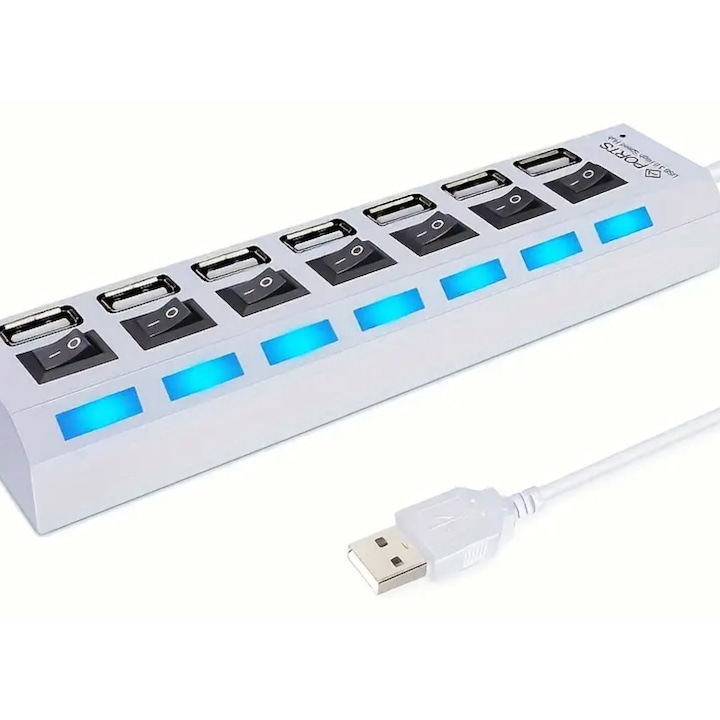 Hub USB 2.0 cu 7 porturi, butoane ON/OFF individuale, led indicator, alb