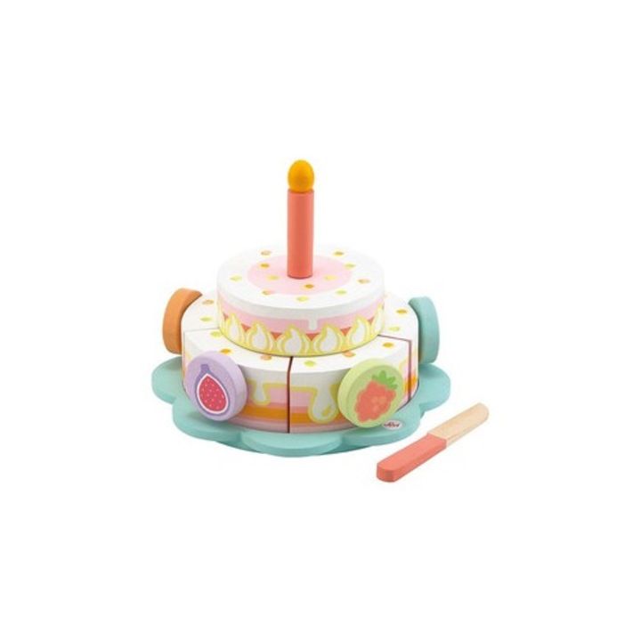 Set de jucarii din lemn, tort de aniversare, Sevi, 14 elemente, culori pastelate