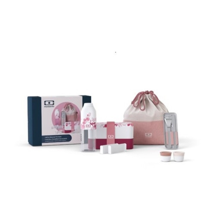 Set Premium Giftbox Magnolia, lunchbox Original Bento, butelca Positive, set de tacamuri, 2 separatoare, 2 recipiente Temple S, lunchbag Pochette, multicolor, 26x10,7x20cm