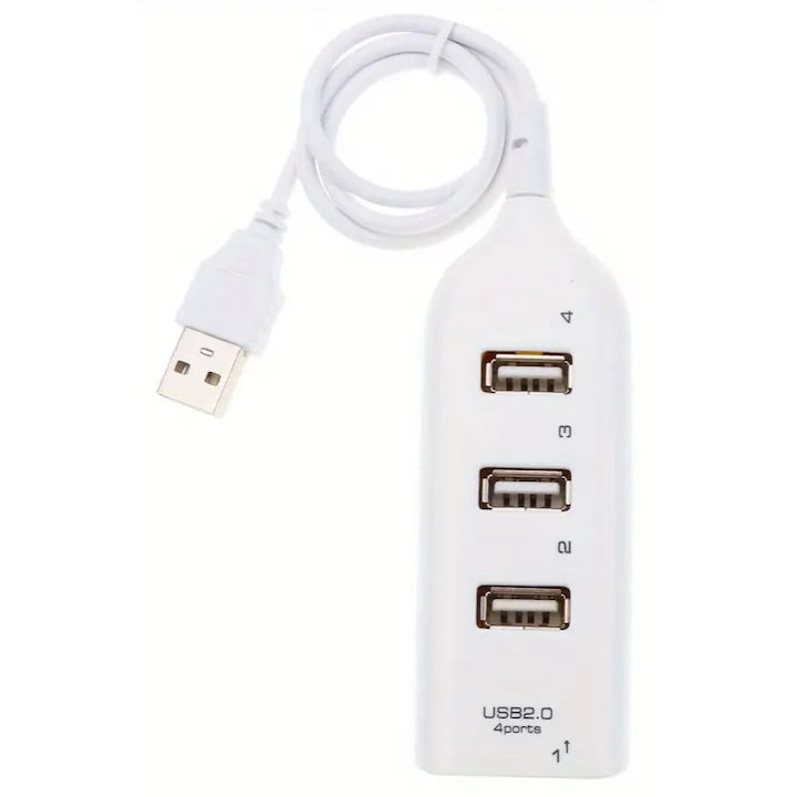 Hub 4 porturi USB 2.0, cablu 38 cm, pentru PC/laptop/notebook, alb, import