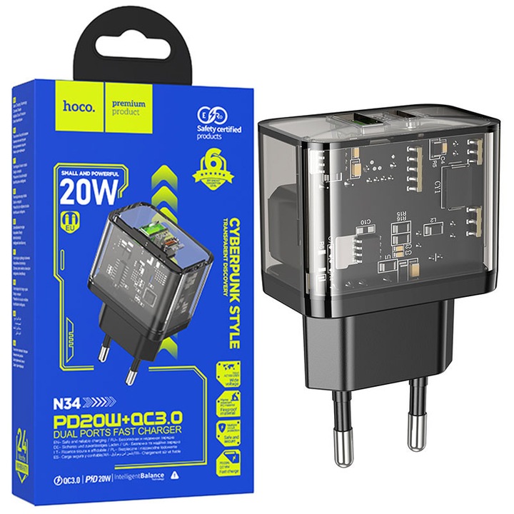 Hálózati töltő Hoco (N34), 20W, 1xUSB-C, 1xUSB-A, PD, QC 3.0, átlátszó, fekete