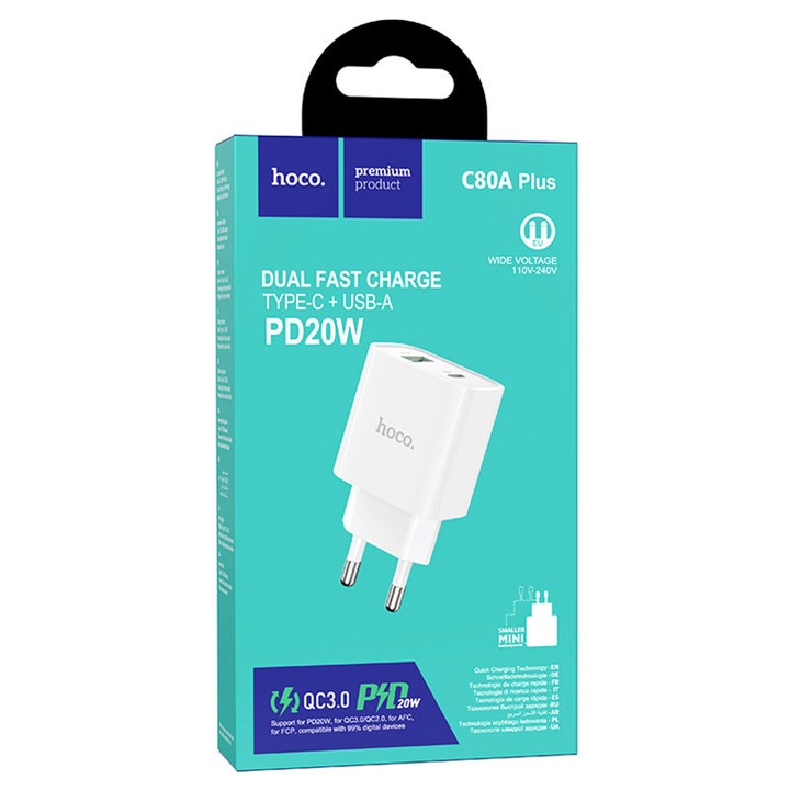Hoco hálózati adapter (C80A Plus), 20W, 5V, 3.1A, 1xUSB-C, 1xUSB-A, PD, QC 3.0, fehér