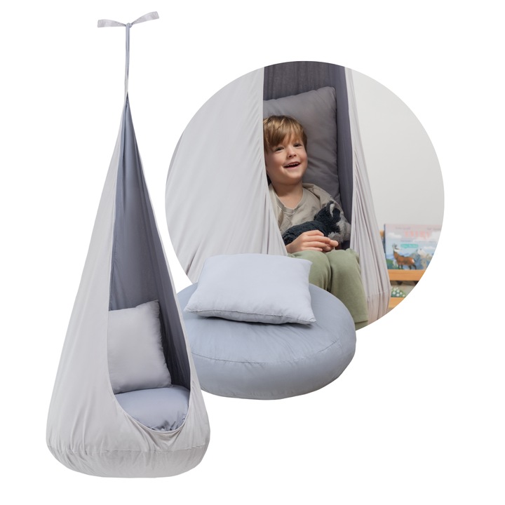 Cocon suspendat pentru copii, Nor Pufos, 2 perne, exterior bej, interior gri metalic, diametru 90 cm