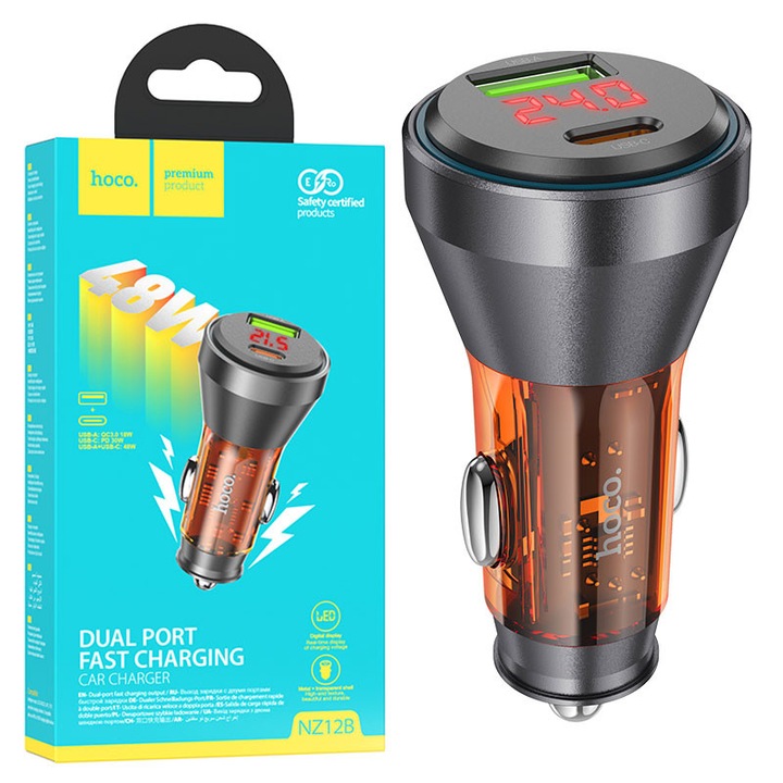 Hoco autós töltő (NZ12B), 30W, 1xUSB-C, 1xUSB-A, PD, QC 3.0, bekapcsoló LED, átlátszó, narancssárga