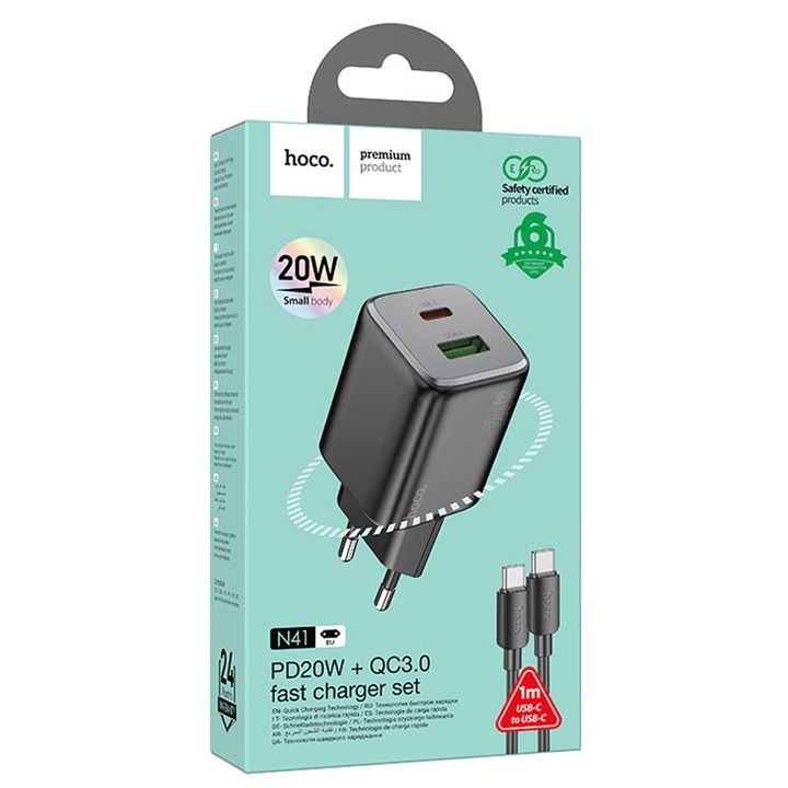 Hoco hálózati adapter (N41) + USB-C kábel, 20W, 1xUSB-C, 1xUSB-A, PD, QC 3.0, fekete